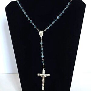Vintage Teal Blue Glass Rosary Silver Tone Catholic Rosary